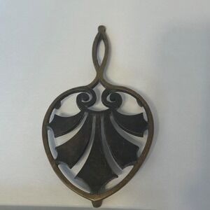 Vintage Brass Trivet Footed Openwork Fan Design Scrolled Handle 7.5 Inch